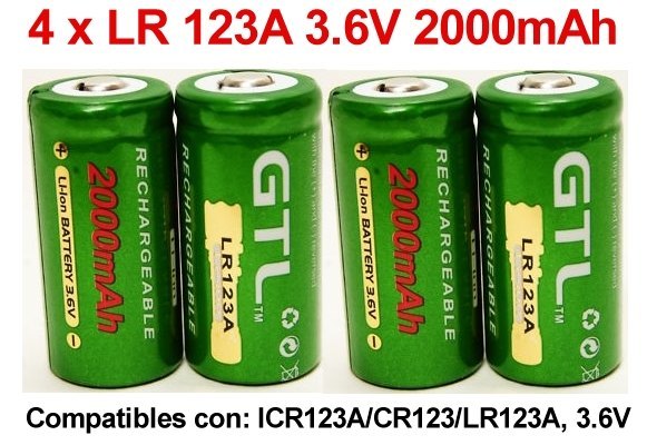 4 x Baterias Recargables Litio ion CR123A LR123A 3,7V 2000mAh